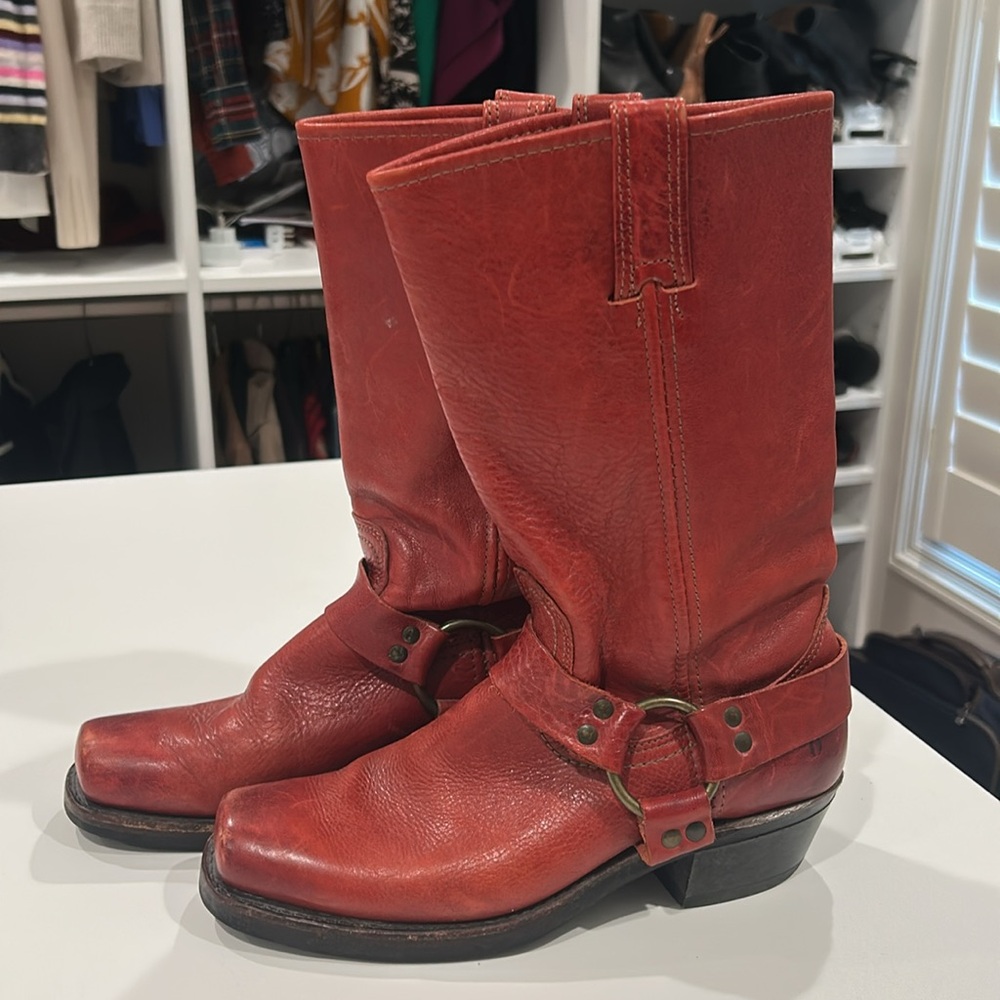Frye Red Leather Harness Mid-Calf Heeled Boots - Picture 3 of 3